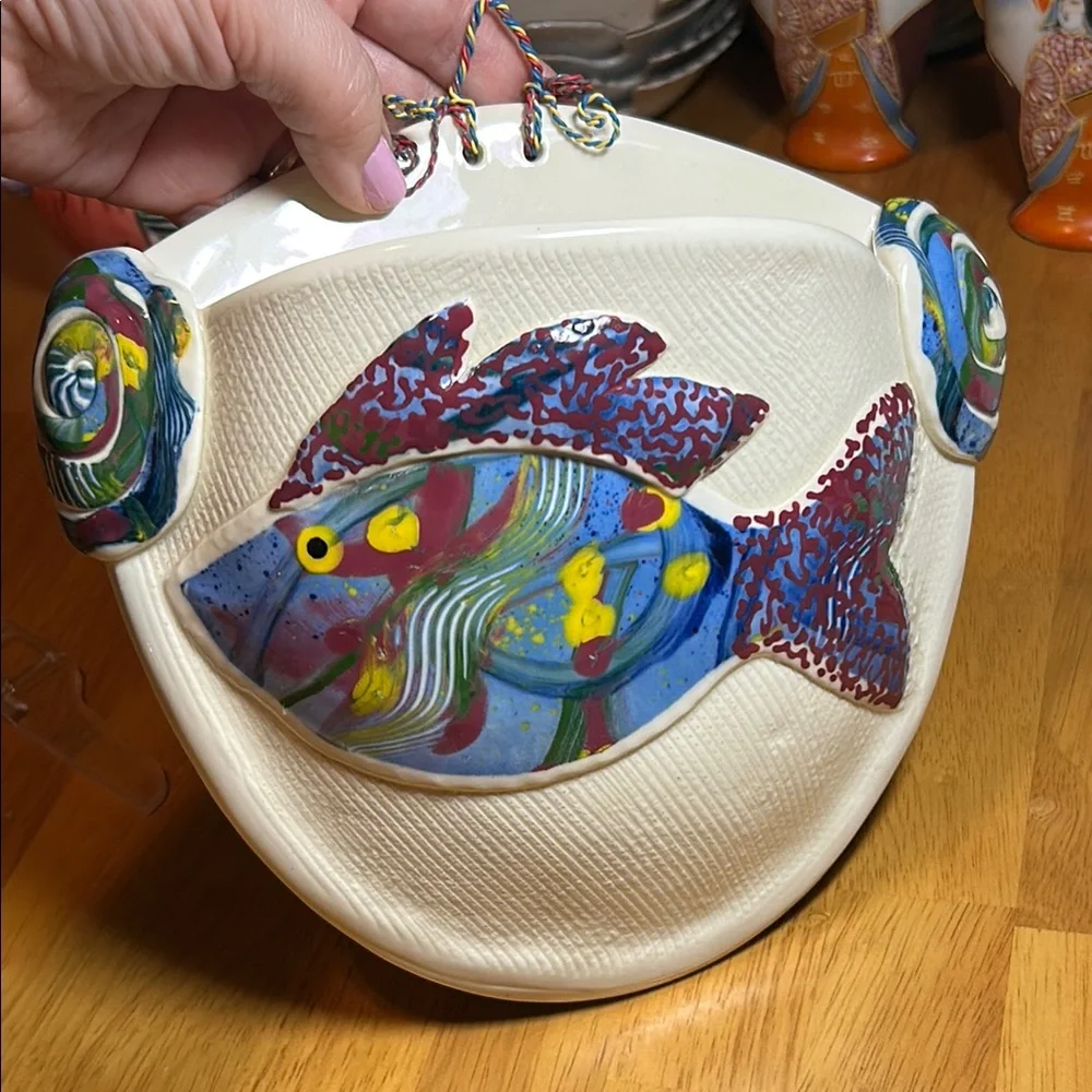 Artist Lucinda signed pottery fish Wall pocket Colorful Decor